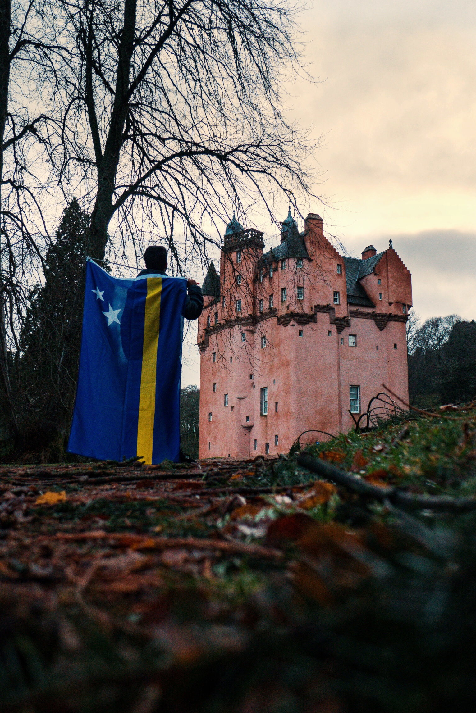 Craigievar Castle Curacao Flag Foggy Portrait